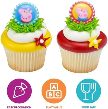 DecoPac Peppa Pig Siblings Rings, Cupcake Decorations Featuring Peppa and George, Blue and Yellow 3D Food Safe Cake Toppers – 24 Pack