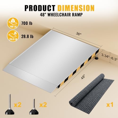 Aluminum Threshold Ramp for Doorways, Adjustable 3.34" to 6.3" Rise, 48" Portable Wheelchair Walker Ramp for Home with Adjustable Leveling Feet and Non-Slip Door Mat, for Steps, Curbs and Entryways