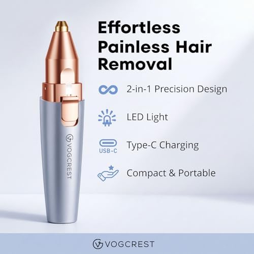 VG VOGCREST Eyebrow & Facial Trimmer: 2 in1 Rechargeable Facial Hair & Eyebrow Shaver - Painless LED Light (Sky Blue)