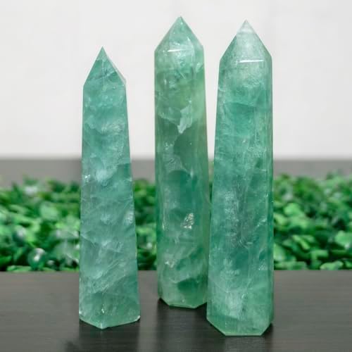 5.8-6.2 Inch Natural Green Fluorite Crystal Point 2Pcs Set, Single Terminated Hexagonal Prism Stone, Energy Protection Spiritual Awakening Crystal, Reiki Meditation Home Decor Ornament Gift
