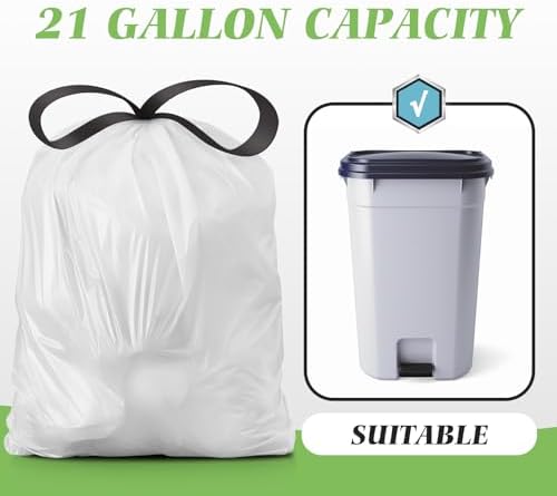 21 Gallon 120 Counts Strong Drawstring Trash Bags Garbage Bags by Teivio, Bathroom Trash Can Bin Liners, Plastic Bags for home office kitchen, White