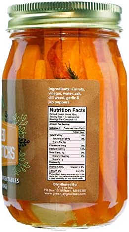 Green Jay Gourmet Spicy Pickled Carrot Sticks in a Jar - Fresh Hand Jarred Vegetables for Cooking & Pantry – Home Grown Pre-Prepared Pickled Carrot Sticks – Simple Natural Ingredients - 16 Ounce Jar