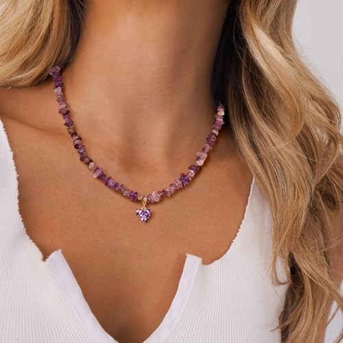 GolbalJew Healing Crystal Beaded Necklace Stone Chips Beads Heart Pendant Choker Necklaces for Women Gemstone Jewelry Gifts