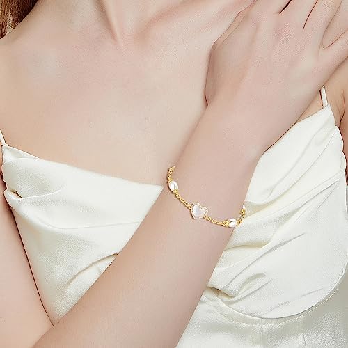 Gold Pearl Bracelet for Women, REAL 14K Gold Plated Double Layered Dainty Pearls Bracelet, Elegant Stackable Flower Jewelry Gift for Her with OT Clasp
