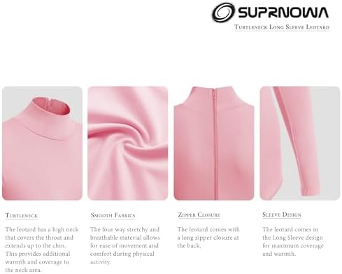 SUPRNOWA Turtleneck Leotard Long Sleeves Spandex Dance Workout Fitness Bodysuit for Women