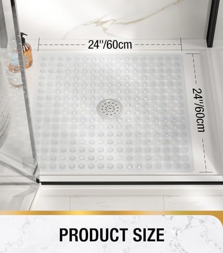 HITSLAM Non Slip Shower Stall Mat with Center Drain Hole, Diamond Textured PVC Bath Mat for Inside Shower, Machine Washable, Strong Suction Cups for Bathroom Bathtub Mat, 24x24 Inch, Clear