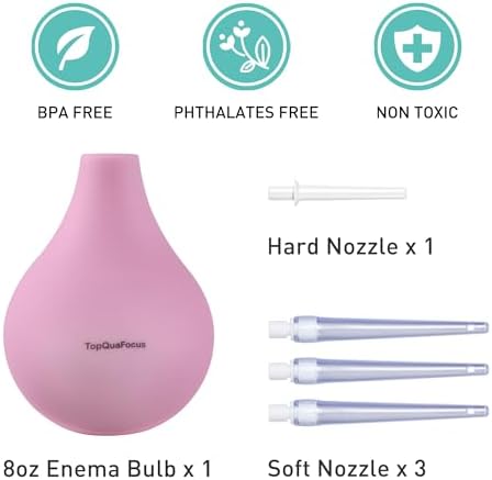 TopQuaFocus 8oz Enema Bulb Kit Anal and Vaginal Douche Bulb for Men Flushing System Enemas Silicone Bulb 4 Replaceable Tips (Pink, 224ml)