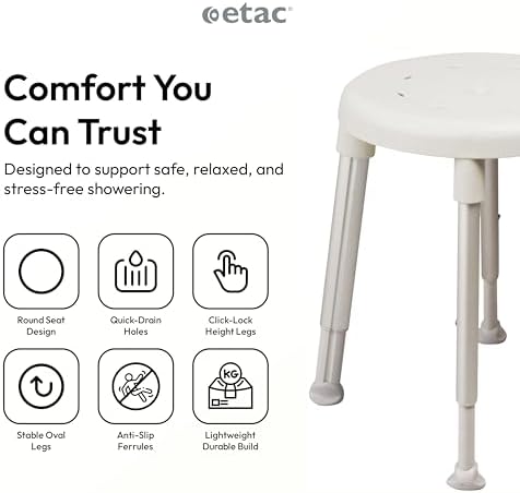 Etac Easy Round Shower Stool – Height Adjustable Shower Chair, Non-Slip Bath Chair with Drainage Holes, Stable & Tool-Free Assembly, Lightweight & Portable for Safety and Comfort