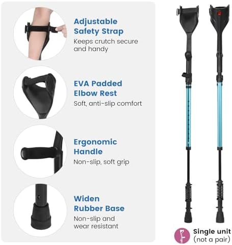 Ergonomic Forearm Crutches Spring Assist Crutches for Adults,Comfortable and Height Adjustable Arm Crutches Forearm with Anti-Slip Base,Walking Crutches with Cuffs, Not a Pair (Blue)