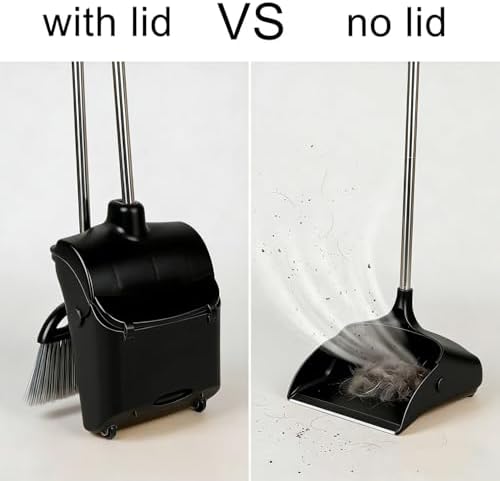 Long Handle Heavy Duty Broom and Dustpan Set, Outdoor and Commercial Upright Dustpan and Brush for Restaurant Garage Garden Yard Office,Black