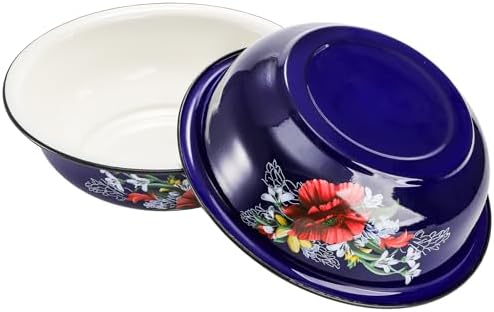 Lawei Set of 2 Enamel Bowl, 4 Quart Large Enamel Salad Serving Mixing Bowl with Black Rim, Vintage Enamelware Plate Dish for Fruit Salad Pasta Soup Dinner, Round Dough Making Bowl Washing Basin, 12in