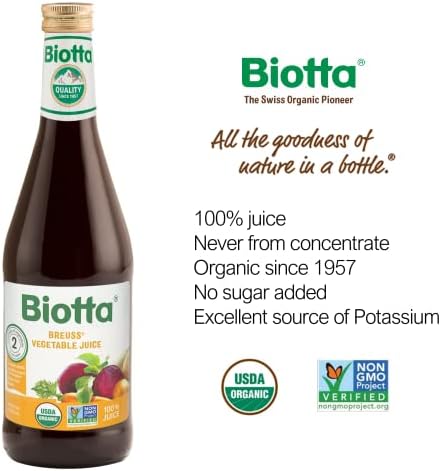 Biotta Organic Breuss Vegetable Juice - 100% Vegetable Juice for Energy, Immunity & Wellness - Excellent Source of Nutrients - All Natural, Non-GMO, Gluten-Free (16.9 Fl Oz, Pack of 6)