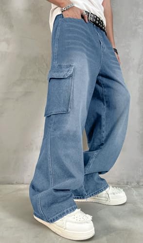 Mens Baggy Cargo Jeans Y2K Wide Leg Denim Pants with Design Streetwear Loose Fit Relaxed Hip Hop Jeans for Men