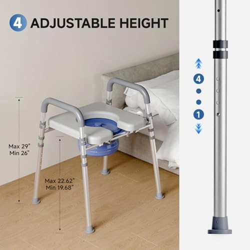 Loyoda Bedside Commode with Bucket for Seniors, Toilet Chair with Padded Handles & Seat, 400 LBS Bedside Toilet with Adjustable Height & Width for Pregnant, Disabled, Handicapped,(Gray)