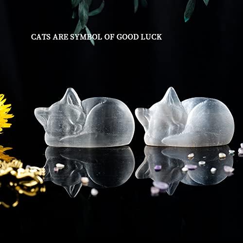 Runyangshi Natural Selenite Crystal Healing Stone Energy Selenite Sleep Cat Exquisite Carved Ornaments Spiritual Healing Massage Palmstone Cleansing Protection Home Decor Gift