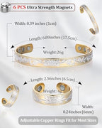BioMag Copper Bracelet & Ring for Women, 99.99% Pure Copper Magnetic Bracelet Lymphatic Drainage Rings with 3500 Gauss Magnets, Adjustable & Flower Pattern (Gold Base with Silver)