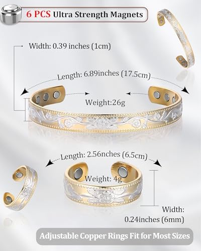 BioMag Copper Bracelet & Ring for Women, 99.99% Pure Copper Magnetic Bracelet Lymphatic Drainage Rings with 3500 Gauss Magnets, Adjustable & Flower Pattern (Gold Base with Silver)