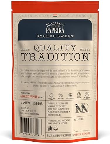 Premium SMOKED SWEET Hungarian Paprika Powder (4 oz) - Non-GMO - Vibrant Deep Red Color - Origin: Szeged Region, Hungary - Authentic Seasoning Spice in Resealable Bag by MEROPS