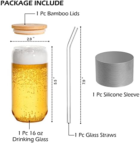 BEWAVE Drinking Glass, 16oz Can Shaped Glasses Cups, Iced Coffee Glasses, Beer Tumbler, for Whiskey, Soda, Tea, Juice, Gift, with Lid, Straw and Sleeve, 1 Pc