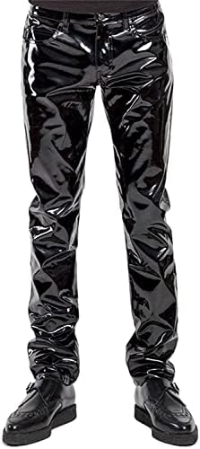 Men's Sexy Shiny Patent Leather Pants Trousers Latex Wet Look Nightclub Bar Stage Costume Black