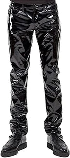Men's Sexy Shiny Patent Leather Pants Trousers Latex Wet Look Nightclub Bar Stage Costume Black
