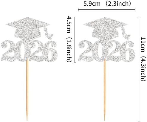 Ercadio 36Pcs Glitter Silver 2026 Graduation Cap Cupcake Toppers Class of 2026 Grad Cap Cupcake Picks Preschool High School University Diploma Graduation Theme Party Decorations Supplies