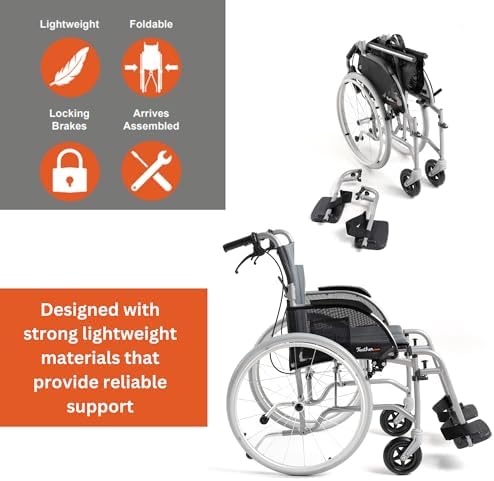 FeatherMobility - Red Lightweight Folding Wheelchair - 13.5 lbs, 18" Seat Width - with Swingaway Legrests, Anti-tippers, and Quick Release Wheels - 300 lbs Capacity