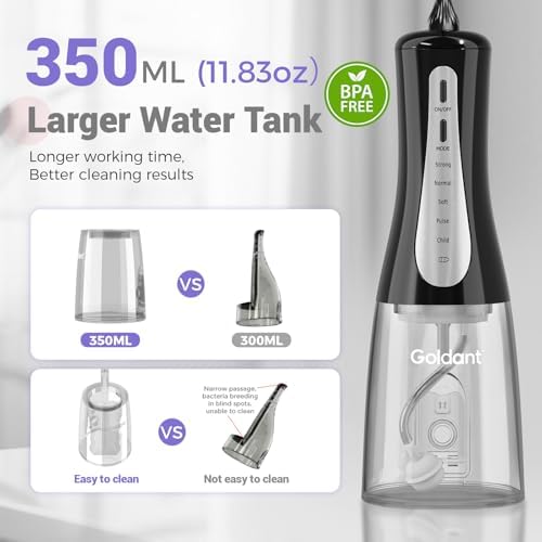2026 New 350ML Water Dental Flosser Teeth Pick with Bag, 5 Modes Portable Cordless Oral Irrigator Cleaner, Electric Rechargeable IPX7 Waterproof for Home Travel Teeth Cleaning Flossing (Black)