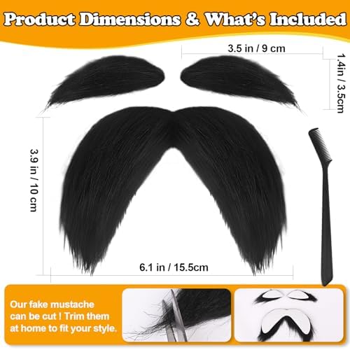 Mustache and Eyebrows Fake Beard for Adults, Self-Adhesive Cosplay Halloween Costume Accessories with Comb, Funny Party Favor