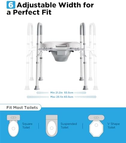 Bedside Commode for Seniors, FSA/HSA Eligible Bedside Toilet with Adjustable Width and Height, 400 LBS Weight Capacity, 16.5 Inch Extra Large Soft Seat Plate