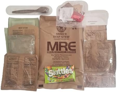 Genuine USGI Individual MRE [Meal, Ready to Eat] Inspection Date 01/2024 or Newer - You Choose Menu - Complete Ration with Entree, Snacks, Dessert, Drink Mix, Utensils, Condiments and FRH. (#9 Beef Stew)