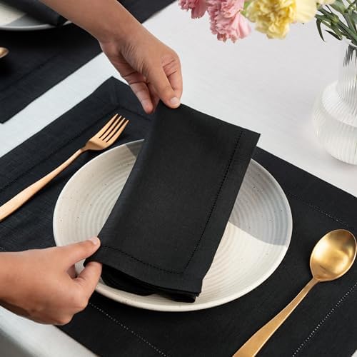 D'Moksha Homes Black Linen Napkins Set of 4 - Classic Hemstitch 100% Pure Linen Hemstitch Dinner Napkins 20 x 20 Inch for Spring - Handcrafted and Machine Washable