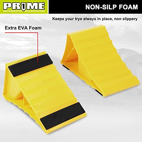 PR1ME Wheel Chocks with Non-Slip Base for RV & Trailer. 2 Pack Heavy Duty Wheel Chock with Bright Yellow. Lightweight Wheel Stoppers for Cars Camper Trucks RVs, Fit for Most Tyre Sizes