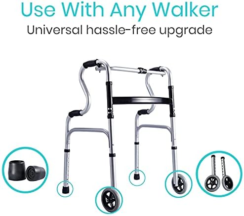Walker Wheels and Ski Glides,Replacement Feet,Accessories Parts Set for Folding Medical Walkers,Back Stability Safety Wheel, Universal Front, Includes Two 5 Inch Rubber Wheel, 4 Glide Tips