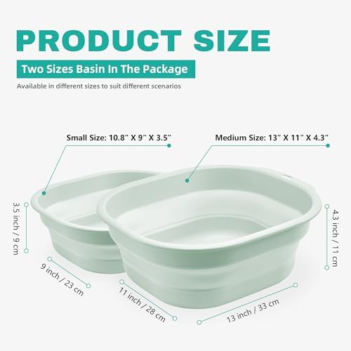 2 Pack Collapsible Wash Basin Set, Foldable Dish Tub, Small Medium Portable Sink for Kitchen, Camping, RV, Baby Bottles, Laundry, Plastic Washbasin -Green