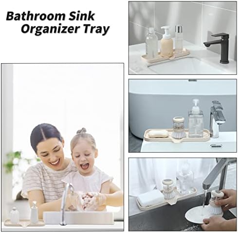 MicoYang Silicone Bathroom Soap Dishes with Drain Spout-Bathroom and Kitchen Sink Organizer,Sponge Holder,Dish Soap Tray,Perfect for Dispenser,Scrubber,Bottle,Cup on Sink or Counter-Tapioca 12"×4"