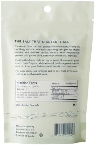 Jacobsen Salt Co. Pure Flake Sea Salt – Kosher Salt, Coarse, Non-Iodized Made in USA, Non-GMO, Steak Seasoning, Gourmet, Real Salt Flakes – 4oz