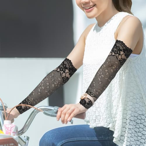 SUPVOX Lace Breathable Elastic Arm Sleeves for Women Sun Protection Sleeve with Elbow Brace Lightweight Floral Pattern Sunblock Sleeves for Outdoor Activities Like Cycling and Golf