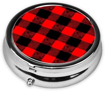 Pocket Medicine Case, Red Black Buffalo Check Plaid Pattern Round Small Organizer, Waterproof Pill Box for Vitamins, Travel Holder Purse Carry for Commute