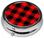 Pocket Medicine Case, Red Black Buffalo Check Plaid Pattern Round Small Organizer, Waterproof Pill Box for Vitamins, Travel Holder Purse Carry for Commute