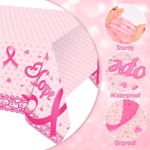WANDIC Pink Ribbon Kit, 1 Piece Tablecloth and 2Pcs Banners for Breast Cancer Awareness October Cancer Survivor Warrior Fighter Gifts for Women Ladies