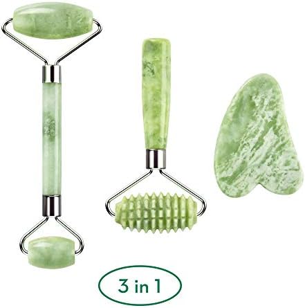 kimkoo Jade Roller and Gua Sha for Face-3 in 1 Kit with Facial Massager Tool,100% Real Natural Jade Stone Anti Aging,Face Beauty Set for Eye Anti-Wrinkle