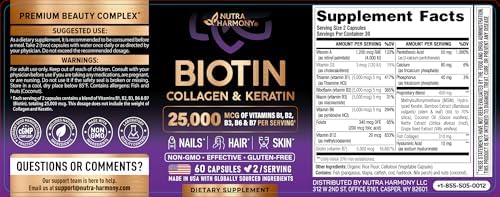 Biotin | Collagen | Hyaluronic Acid | Keratin - Support Normal Hair Growth Cycle, Skin & Nails - Clinically Tested - 25000mcg Vitamins B1, B2, B3, B6 & B7 - for Women & Men - Made in USA | 60 Capsules