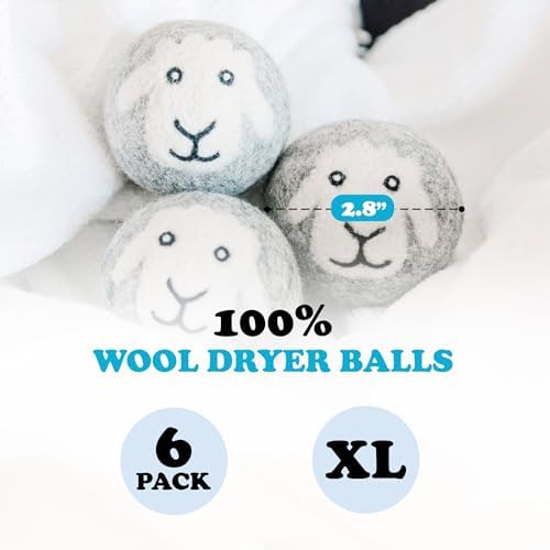 Smart Sheep Wool Dryer Balls - 6-Pack - XL Premium Natural Fabric Softener Award-Winning - Wool Balls Replaces Dryer Sheets - Wool Balls for Dryer - Laundry Balls for Dryer