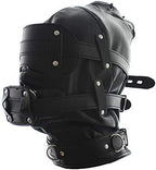 FST Black Leather Bondage Mask Hood,Full Face Blinder Detachable Cover Eye Dildo Mouth Gag Head Hood, for Unisex Adult Play