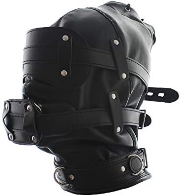 FST Black Leather Bondage Mask Hood,Full Face Blinder Detachable Cover Eye Dildo Mouth Gag Head Hood, for Unisex Adult Play