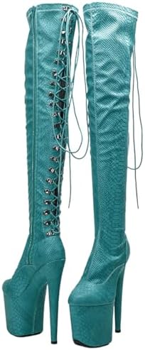 WUXIN H&P Women's Over The Knee Pole Dance Thigh High Heel Boots Platform Zip Lace Up Fashion Sexy Snake Pattern Party Round Toe Stiletto 8 inch Exotic Heels