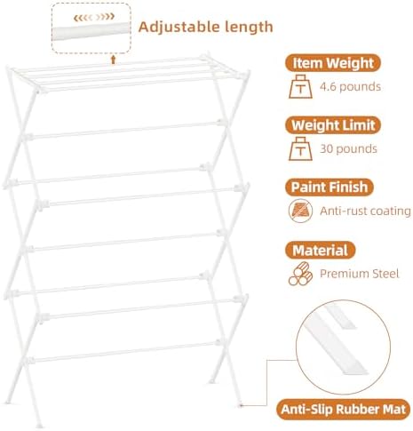 Drying Rack Clothing, 3-Tier Clothes Drying Rack Foldable, Antirust Laundry Drying Rack Collapsible Use for Indoor & Outdoor, 11.8" D x 34.6" W x 35.4" H, White