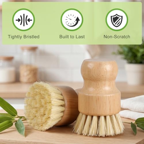 4 Pack Bamboo Dish Brush Set, Natural Kitchen Scrub Brush with Sisal Bristles, Wooden Dish Scrubber for Cleaning Dishes, Pots, Vegetables and Sink