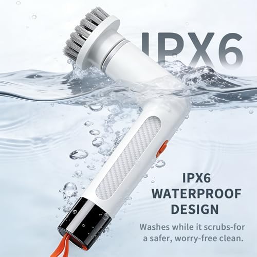 6-in-1 Electric Spin Scrubber with 5 Brush Heads – Cordless, Rechargeable, Dual-Speed & Waterproof, Electric Scrubber for Cleaning Bathroom Tile Floor Window Kitchen Sink